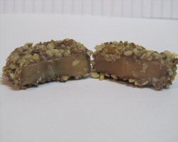A piece of our toffee crunch that has been cut open.